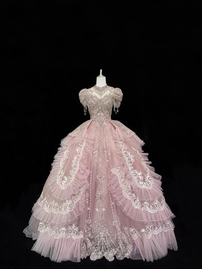 Langes Ballkleid für Sweet 16, herzförmiger Ausschnitt, Pink mit Spitzenapplikationen, Kleid zum 16. Geburtstag RC0320