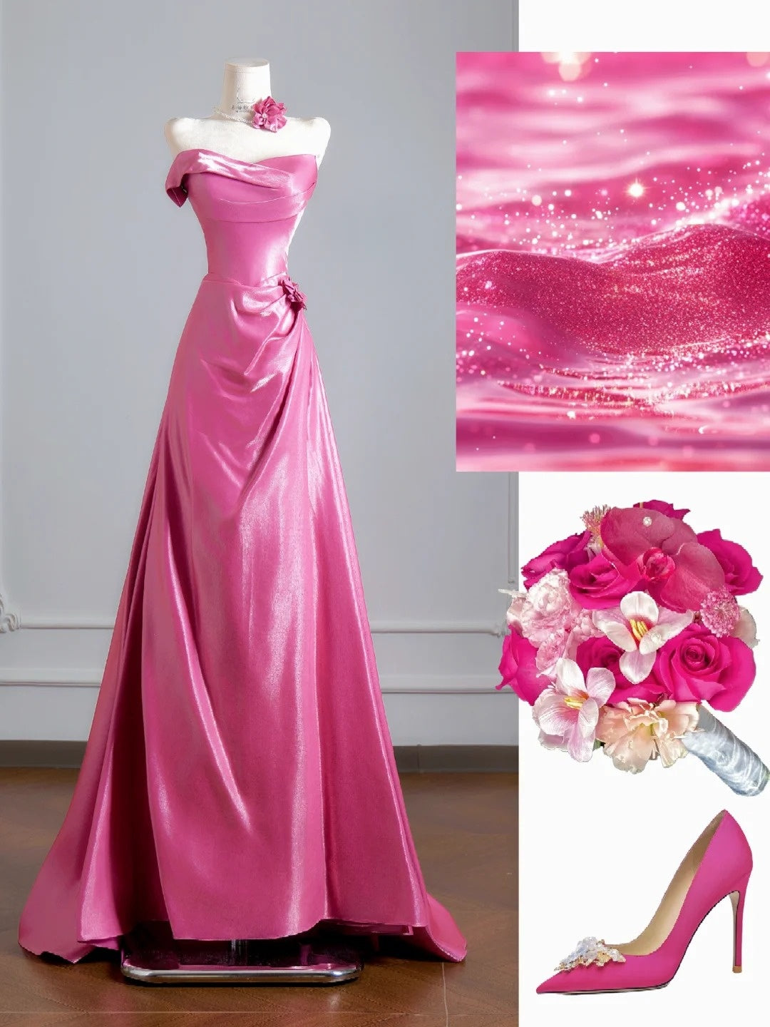 Robe de bal longue rose intemporelle, bustier et froncée, coupe trapèze. Inspiration robe de soirée, robe de bal N305