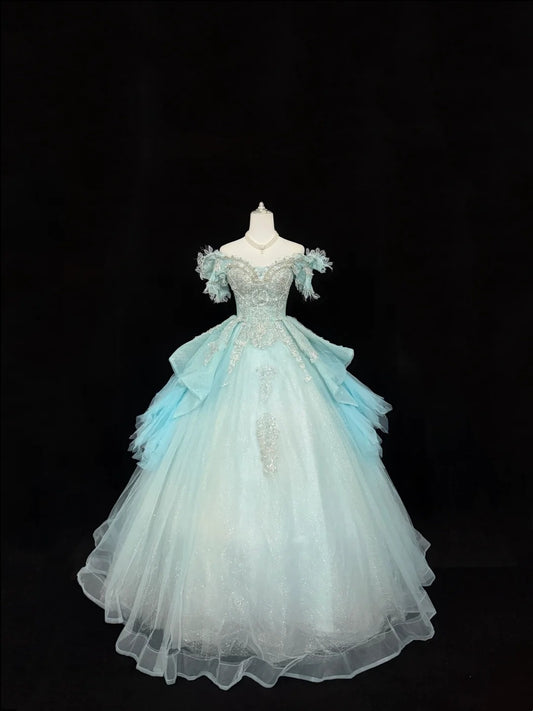 Sweet 15 Quinceanera Dress Ball Gown Off Shoulder Blue With Lace Appliques Tulle 15th Birthday Gown RC0261