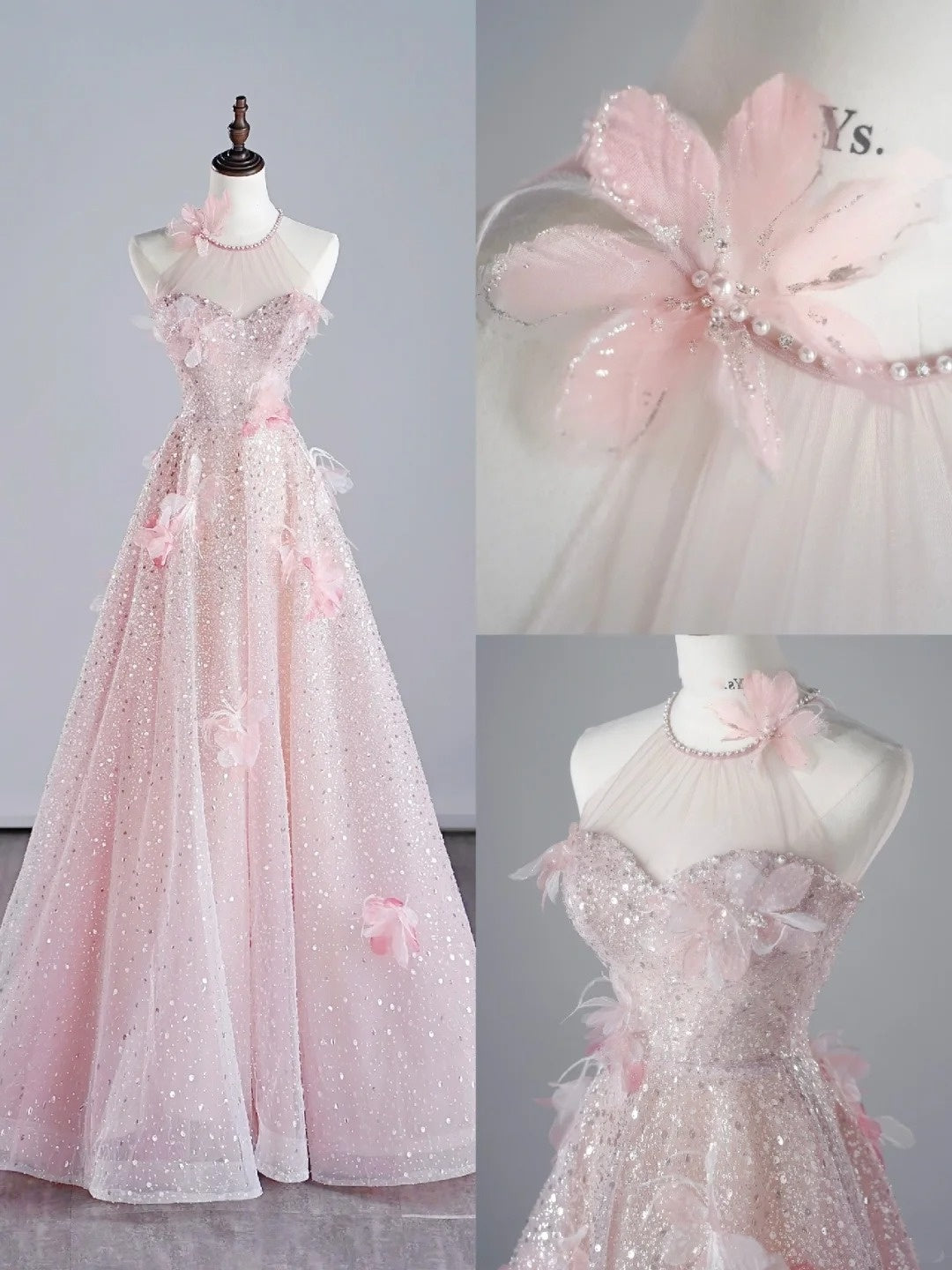 Robe de bal rose à sequins, coupe trapèze, col rond, inspiration princesse, modèle N758