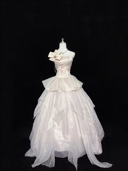 Sweet 15 Quinceanera Dress Ball Gown Strapless Light Pearl Pink With Tiered Long 15th Birthday Gown RC0273