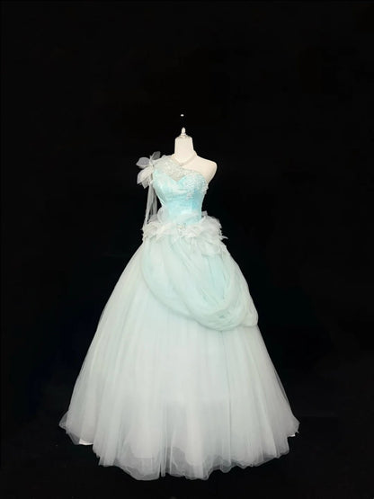Sweet 16 Dresses Long Ball Gown Sweet Sixteen Long Birthday Dress One Shoulder Blue Tulle Formal Gown RC0292