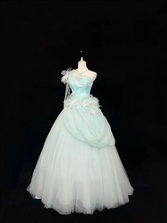 Sweet 16 Dresses Long Ball Gown Sweet Sixteen Long Birthday Dress One Shoulder Blue Tulle Formal Gown RC0292