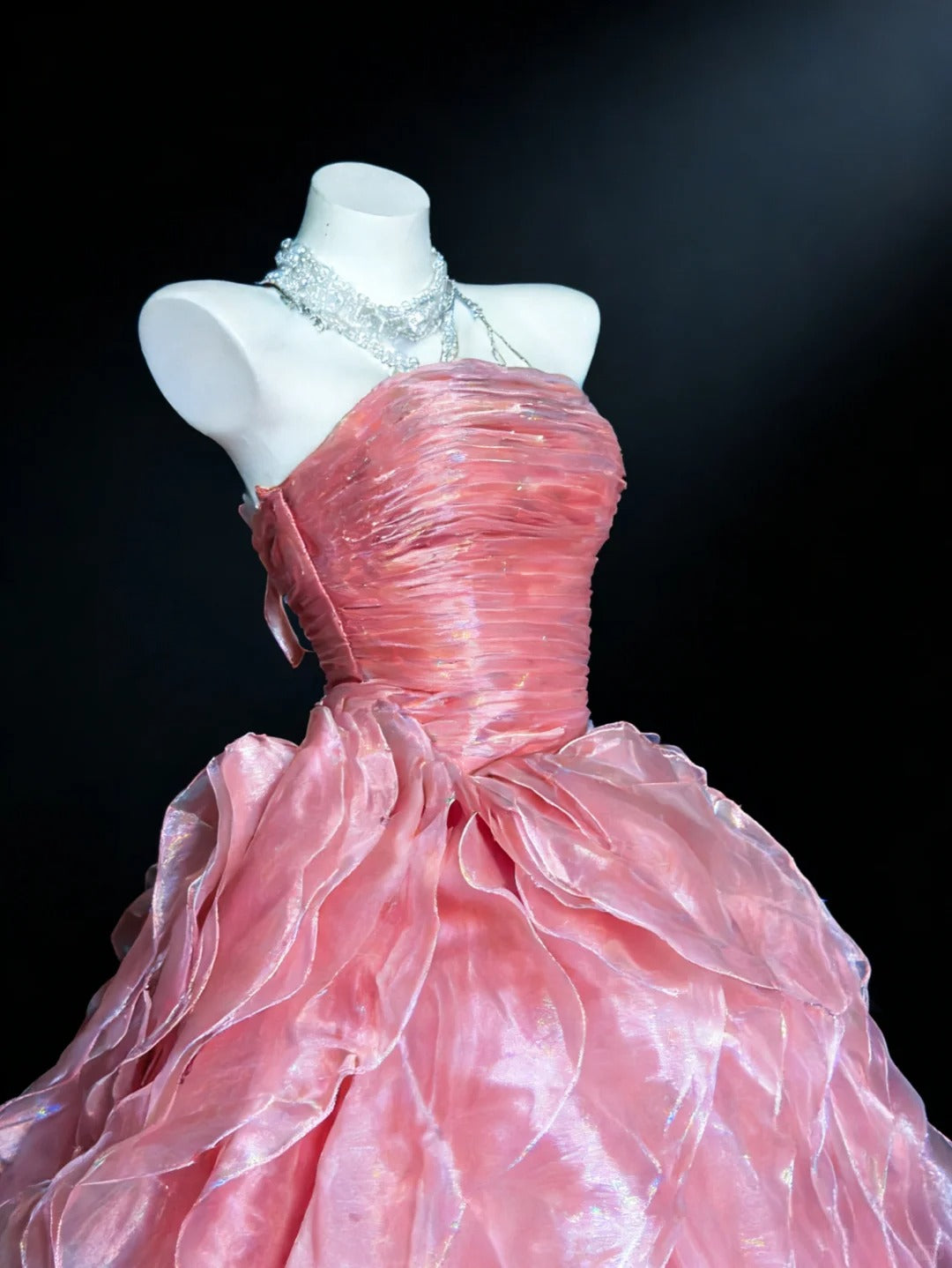 Cute Ball Gown Strapless Pink With Tiered Layers Ruffles Long Sweet 16 Gowns Prom Dresses N3038
