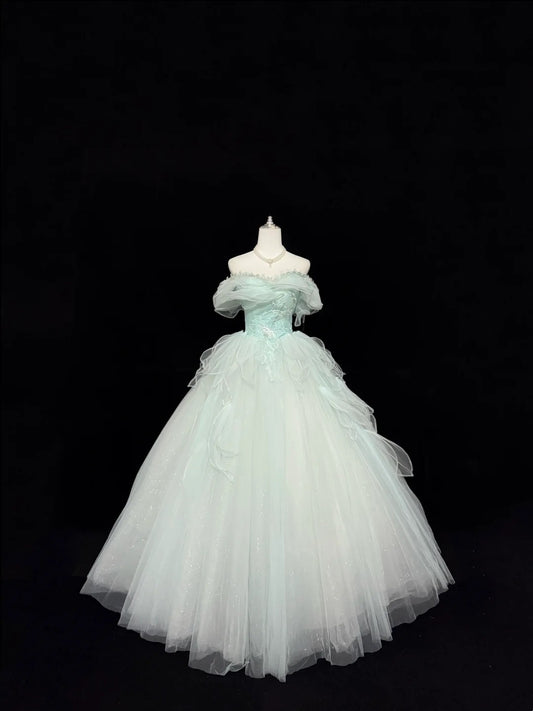 Tulle Prom Dress Long Floor Length Ball Gown Off Shoulder Mint Green With Sleeves Formal Evening Gown For Women RC0276