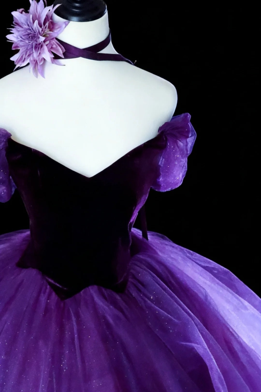 Robes de bal modestes à épaules dénudées en tulle violet avec manches longues Quinceañera N2966