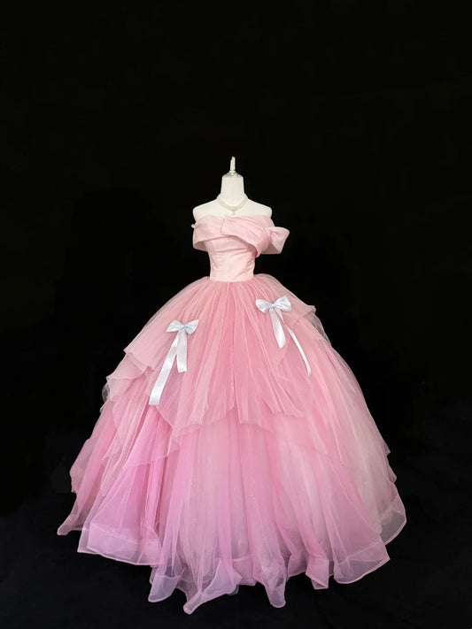 Tulle Prom Dress Long Floor Length Ball Gown Off Shoulder Pink With Sleeves Formal Evening Gown For Women RC0272