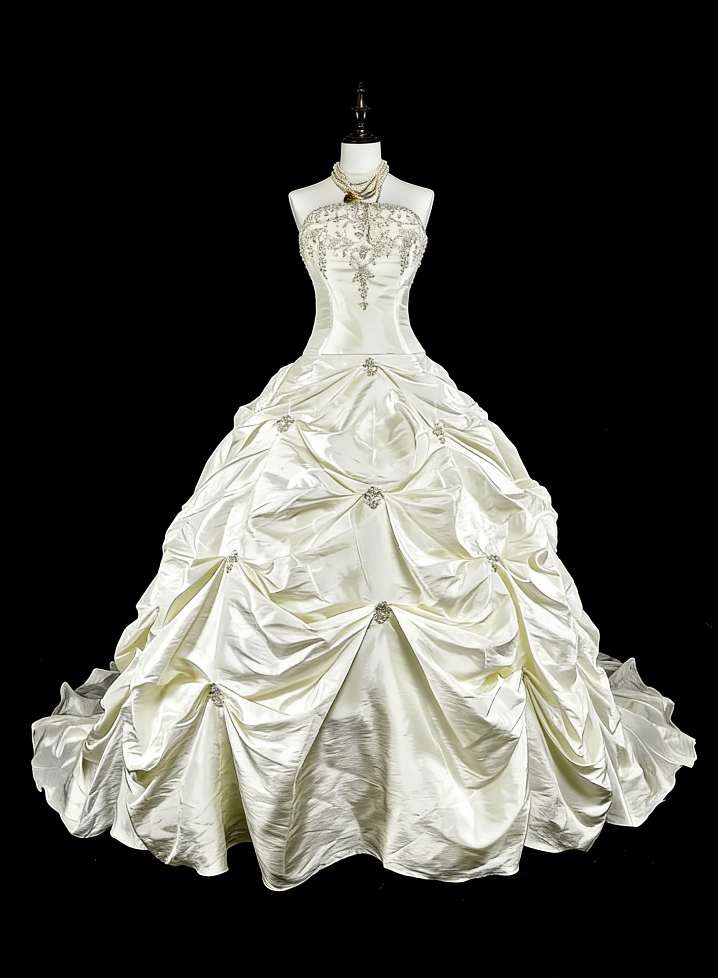 Vintage Hochzeitskleider Ballkleid Trägerlos Weißer Taft Mit Perlen Lang Brautkleid N3075
