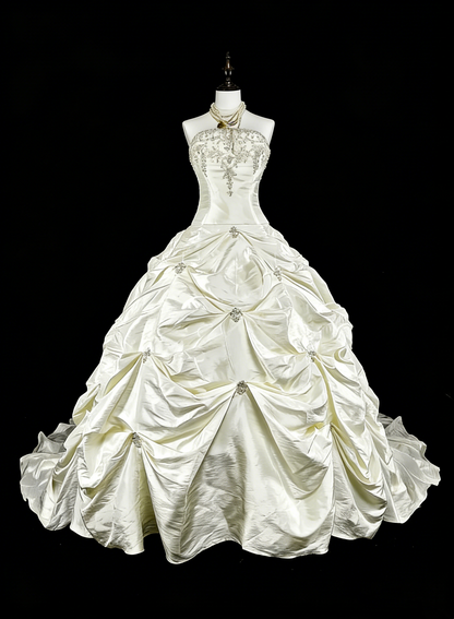 Vintage Hochzeitskleider Ballkleid Trägerlos Weißer Taft Mit Perlen Lang Brautkleid N3075