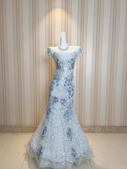 Élégante Robe de Soirée Sirène Grise Épaules Dénudées avec Dentelle pour 18ème Anniversaire et Bal de Promo N4197