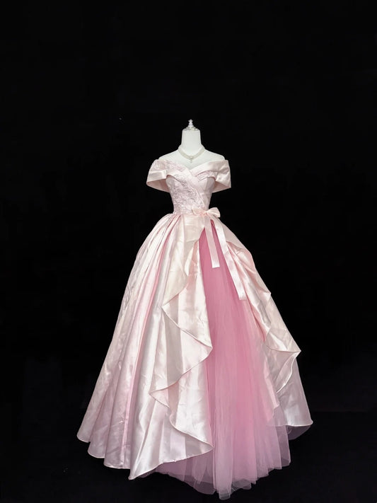 Tulle Prom Dress Long Floor Length Ball Gown Off Shoulder Pink With Bow-knot Lace Formal Evening Gown For Women RC0255