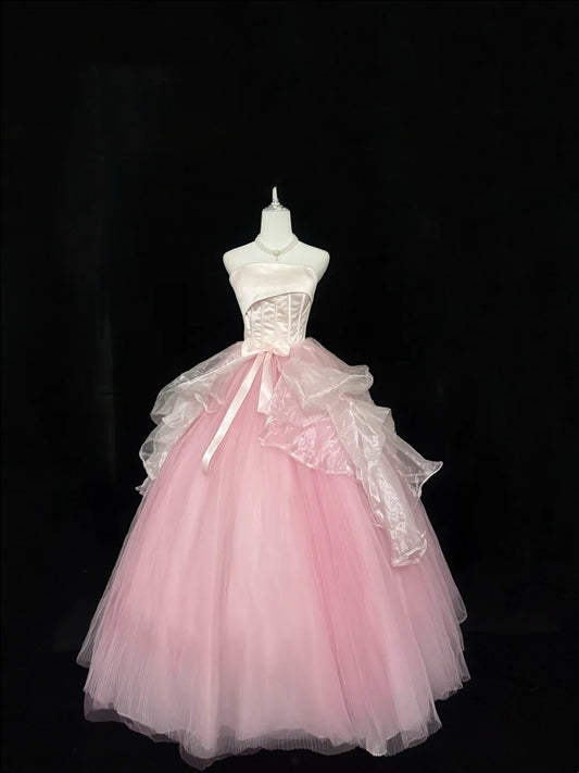 Sweet 16 Dresses Long Ball Gown Sweet Sixteen Long Birthday Dress Strapless Pink Tulle Formal Gown RC0324