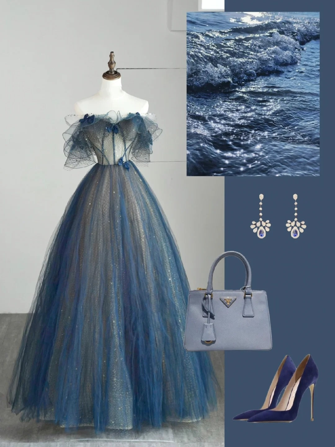 Robe de bal sobre à épaules dénudées en tulle bleu, tenue de soirée pour jeunes filles de 16 ans (N1173)