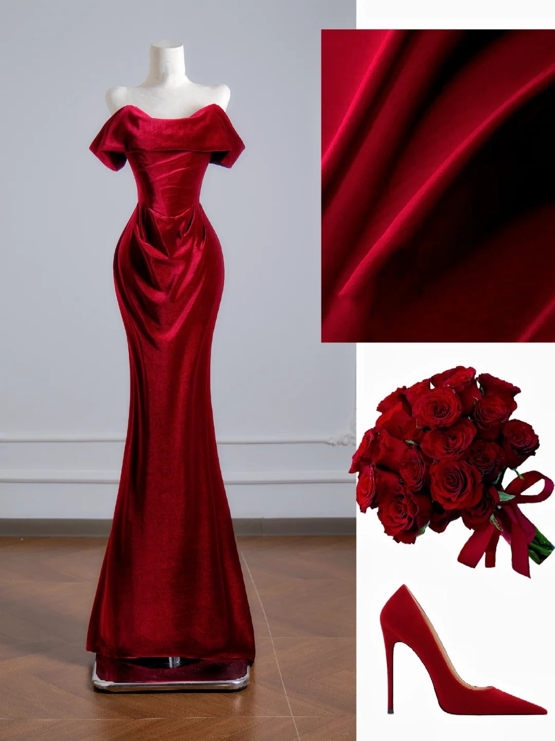 Robe de bal longue sirène romantique en satin rouge à épaules dénudées, idéale pour un 18e anniversaire (N391)