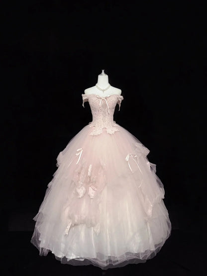 Sweet 15 Quinceanera Dress Ball Gown Off Shoulder Blush Pink With Tiered Long 15th Birthday Gown RC0289