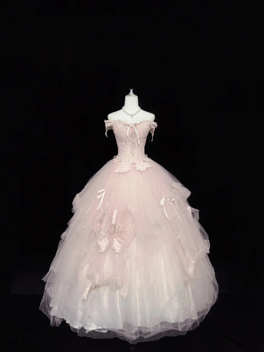 Sweet 15 Quinceanera Dress Ball Gown Off Shoulder Blush Pink With Tiered Long 15th Birthday Gown RC0289