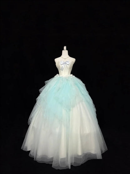 Langes Ballkleid für Sweet 16, langes Geburtstagskleid für den 16. Geburtstag, blaues formelles Tüllkleid mit herzförmigem Ausschnitt RC0304