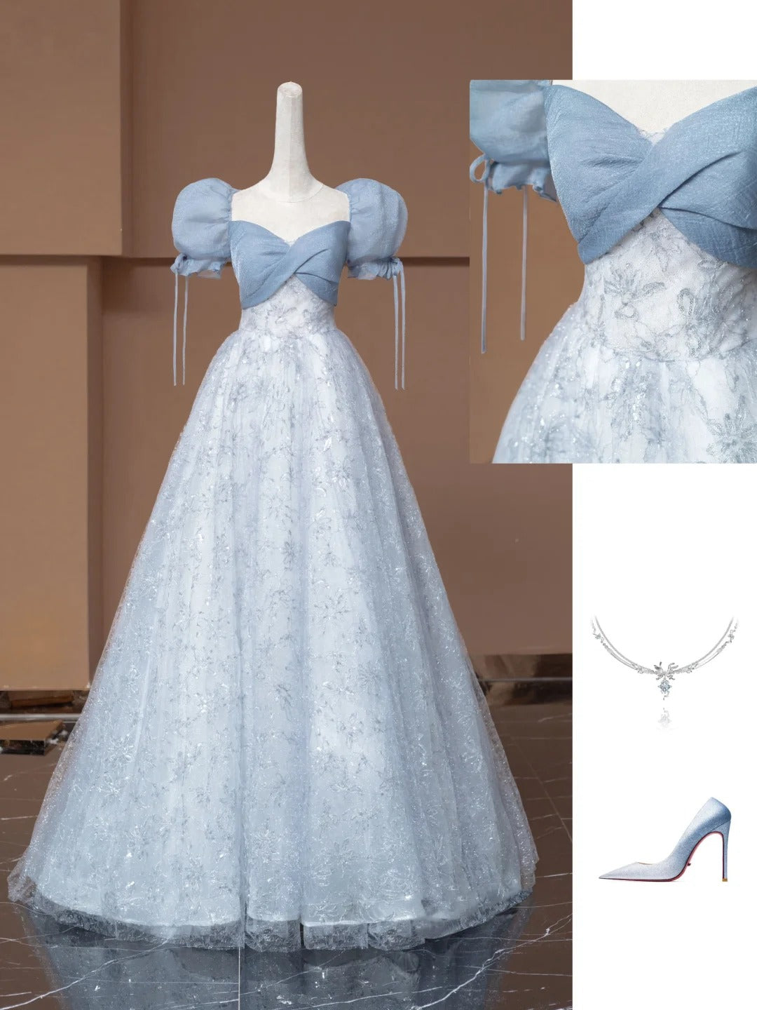 Robe de bal féérique à décolleté cœur et manches bouffantes, en tulle bleu, longue robe de soirée formelle, robe d'anniversaire formelle, robe de bal N730
