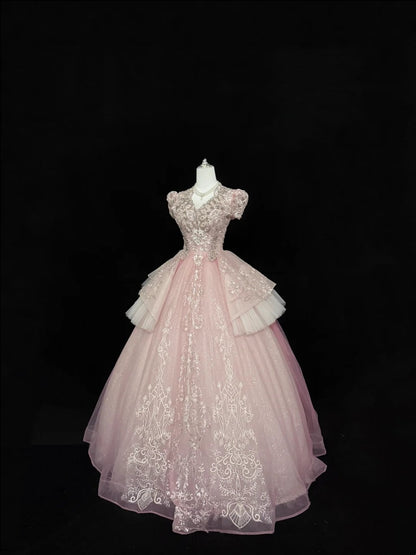 Sweet 16 Dresses Long Ball Gown V Neckline Pink With Lace Appliques Sweet Sixteen Birthday Gown RC0316
