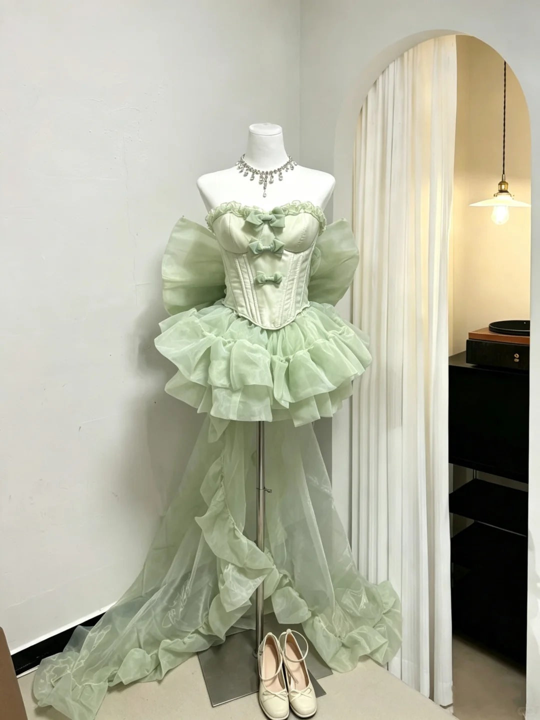 Robe de soirée modeste bustier vert sauge avec nœud mini-jupe Inspo pour la 16e année Tenues de rentrée robes de bal RB3968