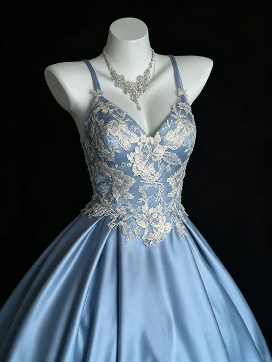 Elegantes Ballkleid, Spaghettiträger, blaues Satin-Spitzenkleid, Sweet 16 Kleider, Quinceanera-Kleid, lang, 15 Vestidos De Fiesta N4203