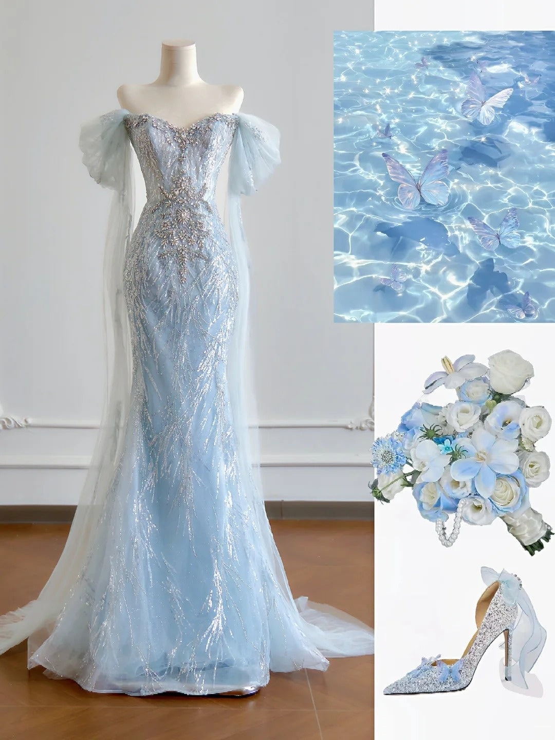 Luxuriöses Meerjungfrauen-Abendkleid in Hellblau mit kurzen Ärmeln, schulterfrei, langes formelles Abendkleid für Geburtstagsfeiern, N379