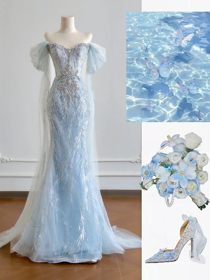 Luxuriöses Meerjungfrauen-Abendkleid in Hellblau mit kurzen Ärmeln, schulterfrei, langes formelles Abendkleid für Geburtstagsfeiern, N379