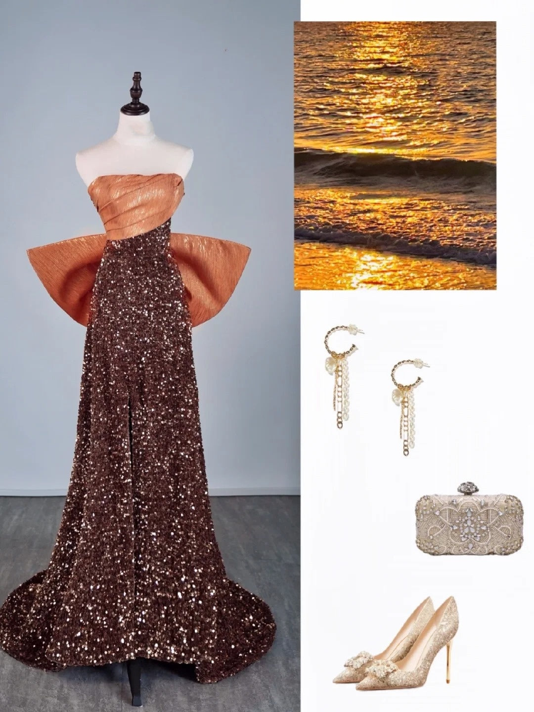 Robe de bal longue à sequins marron, coupe trapèze, sans bretelles, idéale pour les élèves de terminale (N1279)