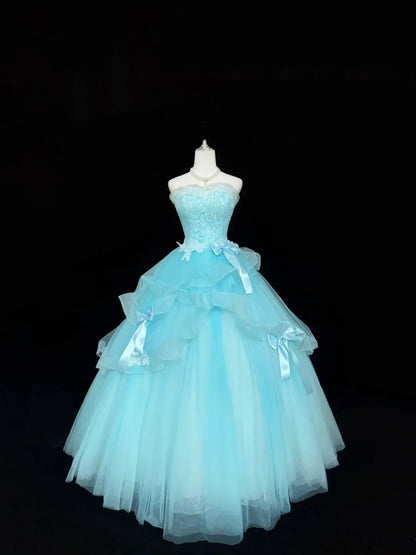 Blue Sweet 16 Dresses Long Ball Gown Strapless Lace Tulle Formal Sweet Sixteen Birthday Gown RC0243