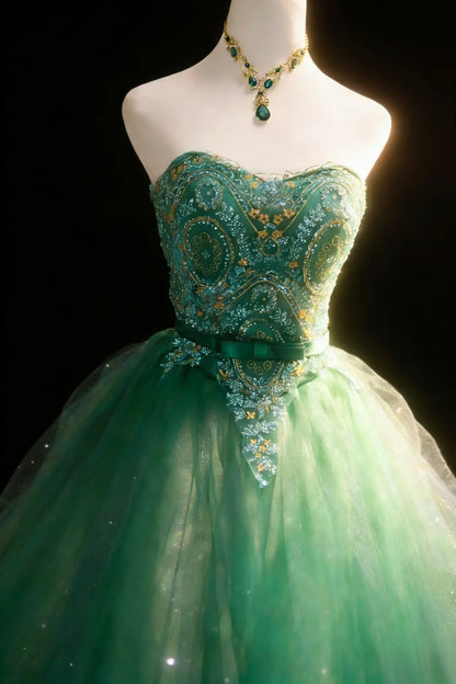 Bescheidene Ballkleider für den Abschlussball, trägerlos, aus grünem Tüll mit Perlen, langes Quinceañera-Kleid N2975