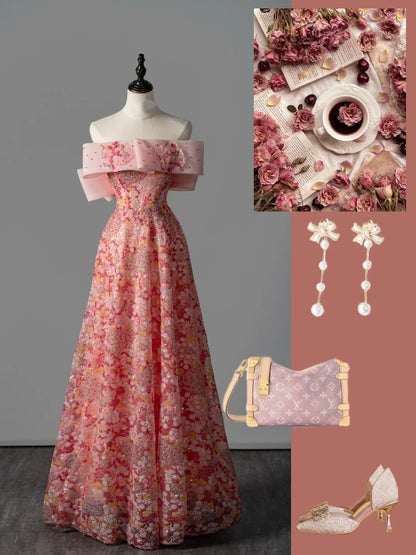 Robe de bal longue rose à sequins, coupe trapèze, épaules dénudées, style sage, idéale pour les jeunes filles (N1170).