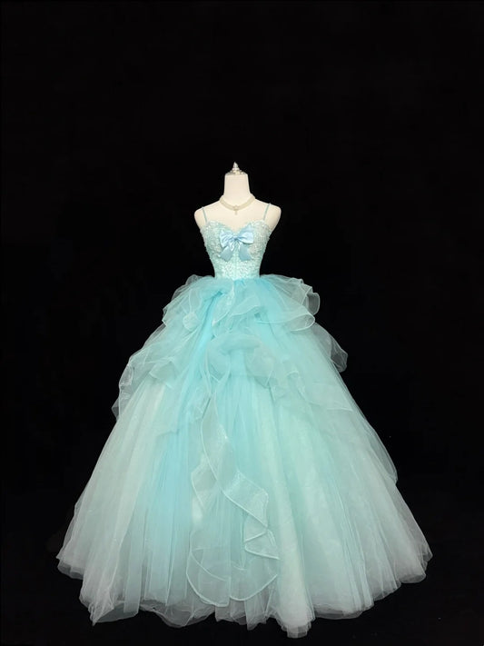 Sweet 15 Quinceanera Dress Ball Gown Spaghetti Straps Blue With Bow-knot Tulle 15th Birthday Gown RC0247