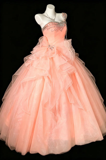 Süßes Ballkleid, eine Schulter, korallenrosa Tüll mit Perlen, Quince-Kleid, lang, Sweet 15 16 Quinceañera-Kleider, Vestido de princesa RB4472