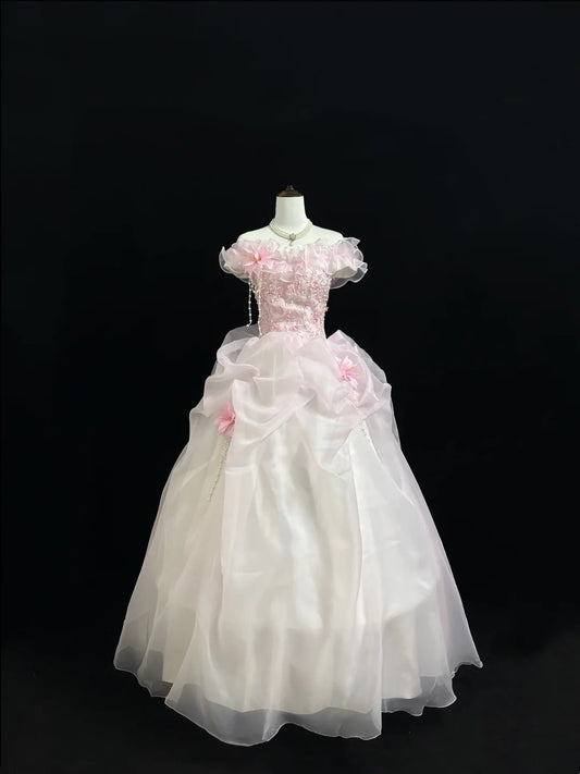 Pink Sweet 16 Dresses Long Ball Gown Off Shoulder With Ruffled Lace Sweet Sixteen Birthday Gown RC0230