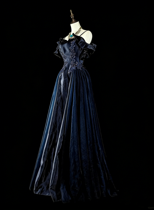 Vintage A line Spaghetti Straps Navy Blue Tulle 80s Evening Gowns Formal Birthday Dress Long Prom Dresses N1754