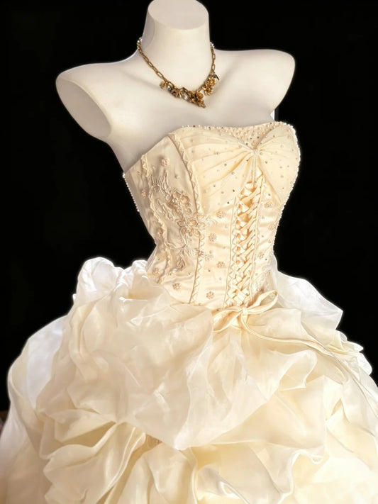 Süßes Ballkleid Trägerlos Tüll Gelb Stufenförmig Sweet 16 Kleider Quinceañera Kleid Lang 15 Vestidos De Fiesta N4213