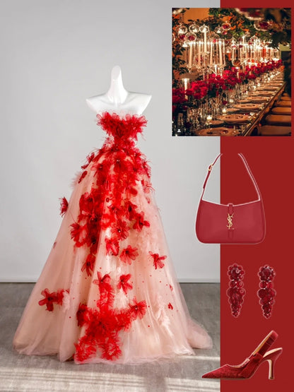 Robe de bal bustier rouge à fleurs sans manches avec application en tulle rose, longue robe de quinceañera, tenue d'anniversaire pour les 15 et 16 ans N676