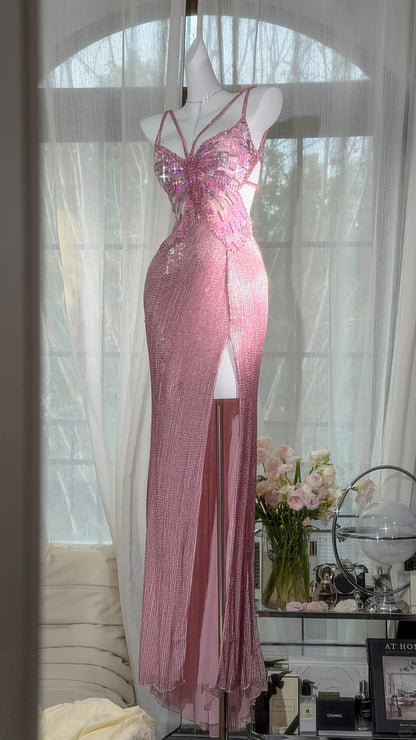 Elegant Prom Dresses Mermaid Spaghetti Strap Pink Sequin Slit Floor Length Formal Evening Outfits N3521