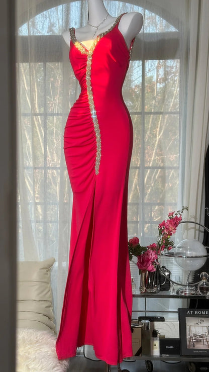 Robes de bal modestes sirène bretelles fines mousseline rouge avec perles longues tenues de soirée N3538