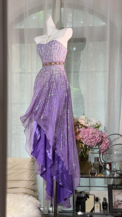 Sparkly Mermaid High Low Sweetheart Purple With Beading Prom Dress Formal Outfits Party Dresses RB7566