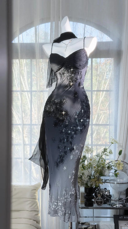 Ravissantes Robes de Bal Sirène à Bretelles Fines, en Mousseline Noire, Longueur Thé, Tenues de Soirée N3555