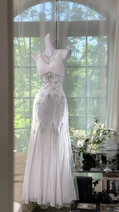 Charmantes robes de bal sirène à fines bretelles en mousseline blanche, longues tenues de soirée N3579