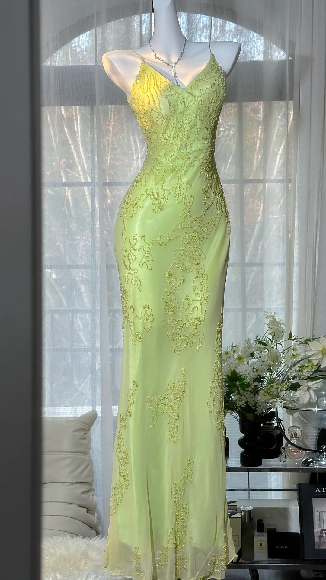 Charmantes Robes de Bal Sirène Bretelles Spaghetti Dentelle Vert Longueur Ras du Sol Tenues de Soirée N3547
