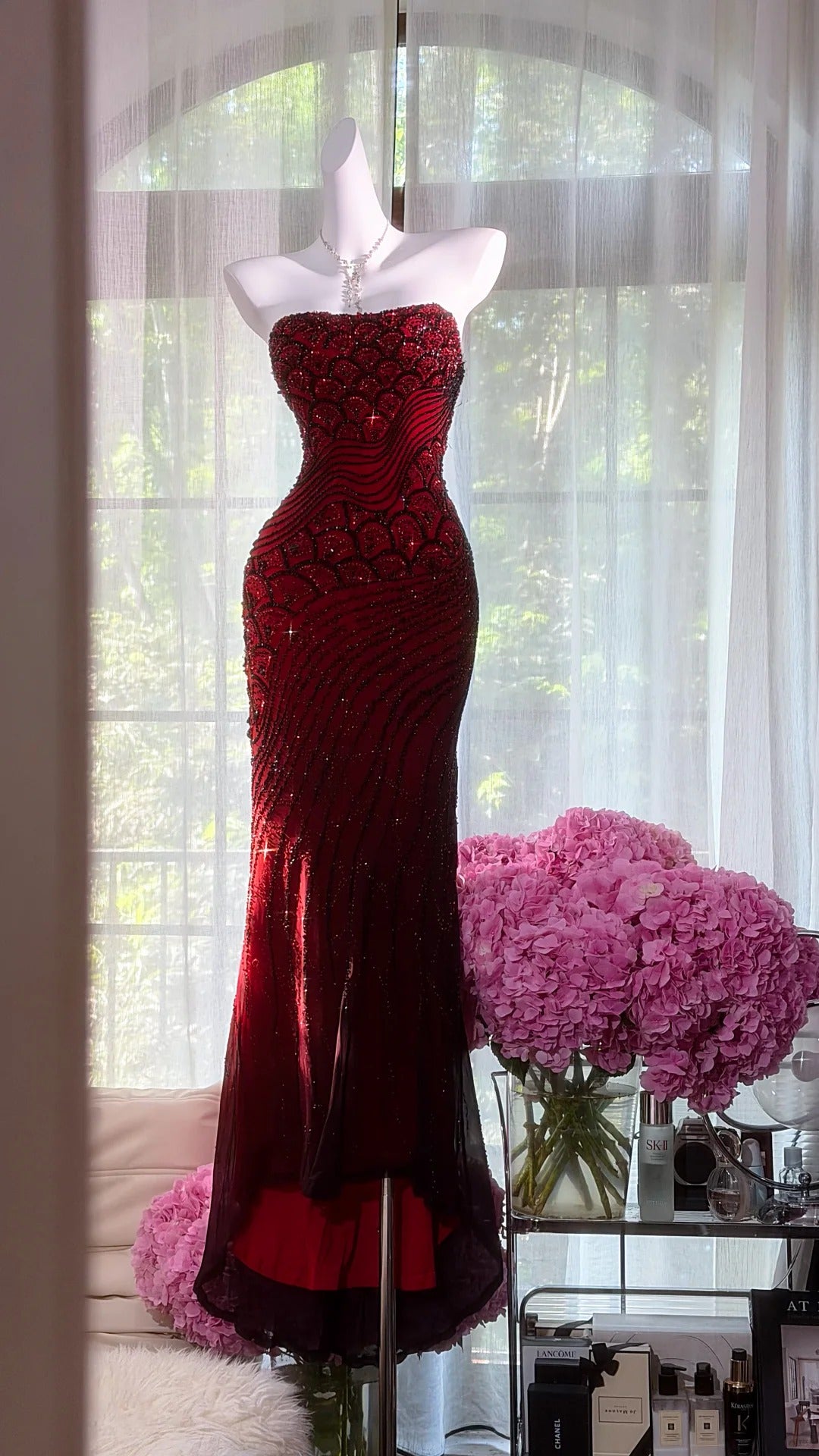Prom Dress Mermaid Strapless Burgundy Chiffon Beaded Floor Length High School Graduation Party Dresses RC1099