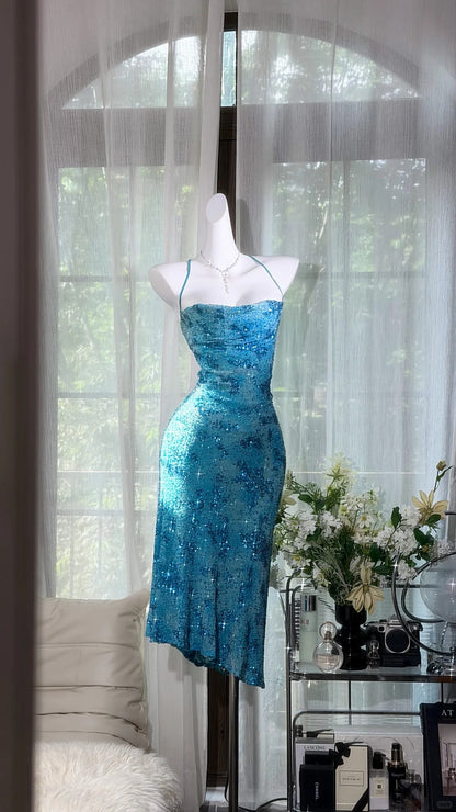 Klassisches Meerjungfrau-Neckholder-Kleid in Blau mit Pailletten und Perlen, mittellang, Teelänge, für den Abschlussball, Inspo, formelle Outfits RB4509