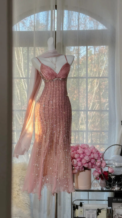 Charming Prom Dresses Mermaid Spaghetti Strap Pink Chiffon Tea Length Evening Outfits N3554