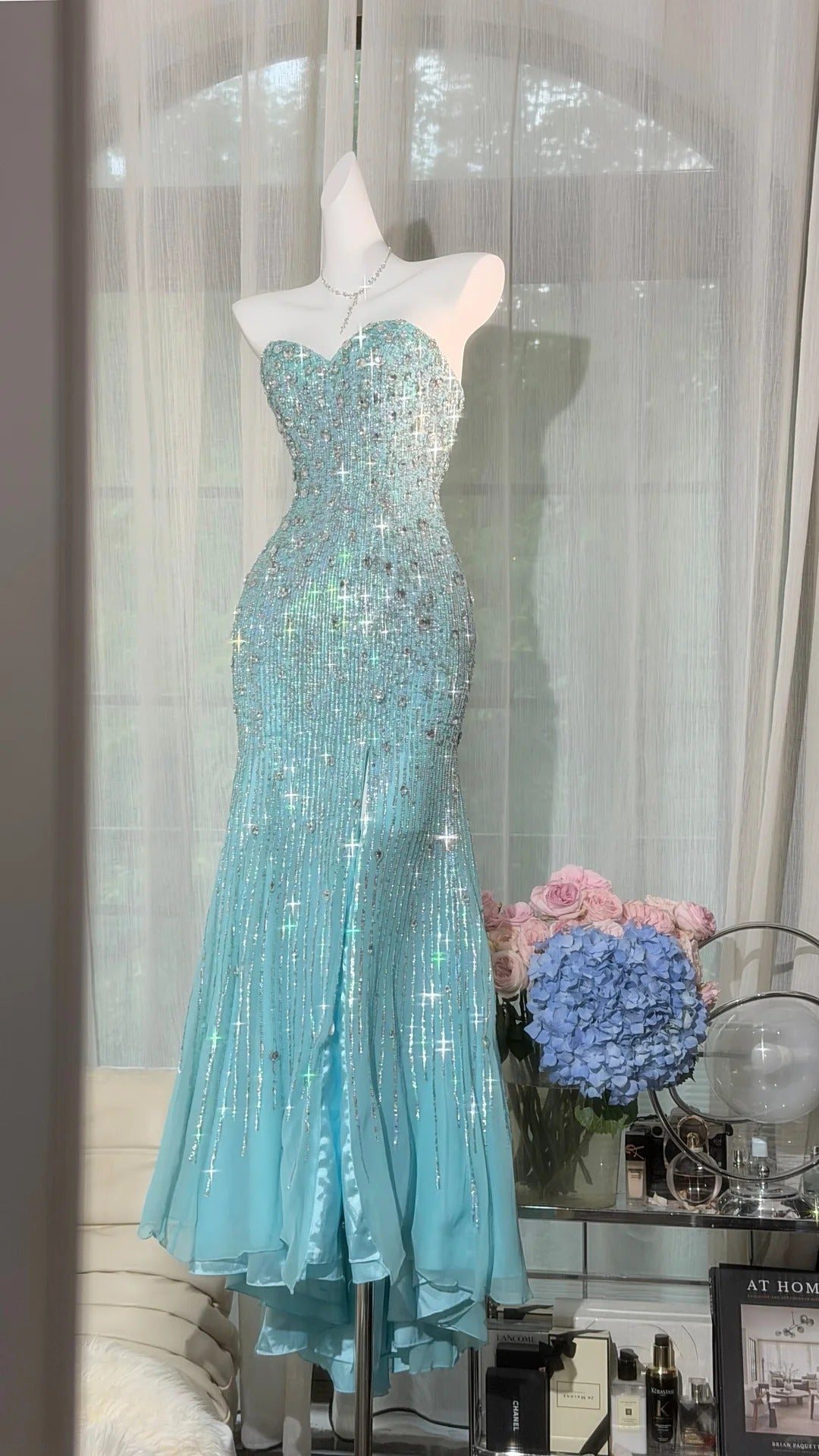 Klassische Meerjungfrau Sweetheart Blau Chiffon Mit Silberperlen Bodenlang Abschlussballkleider Inspo Formelle Outfits RB4508
