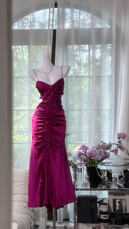 Robes de bal modestes sirène à fines bretelles en satin sans manches fendues longueur thé tenues de soirée N3569