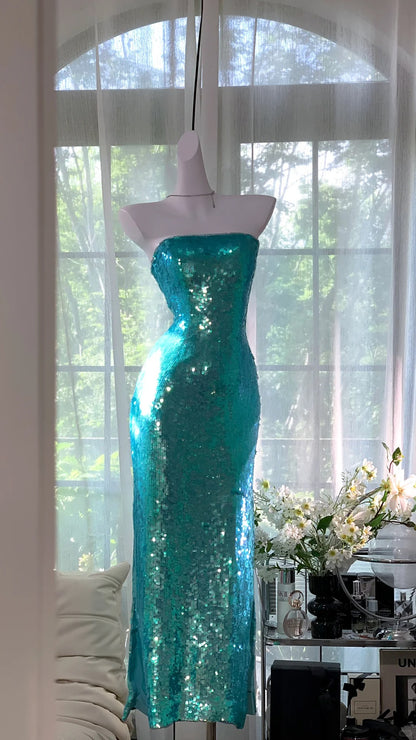 Belles robes de bal sirène bustier bleu pailleté longueur cheville tenues de soirée N3564