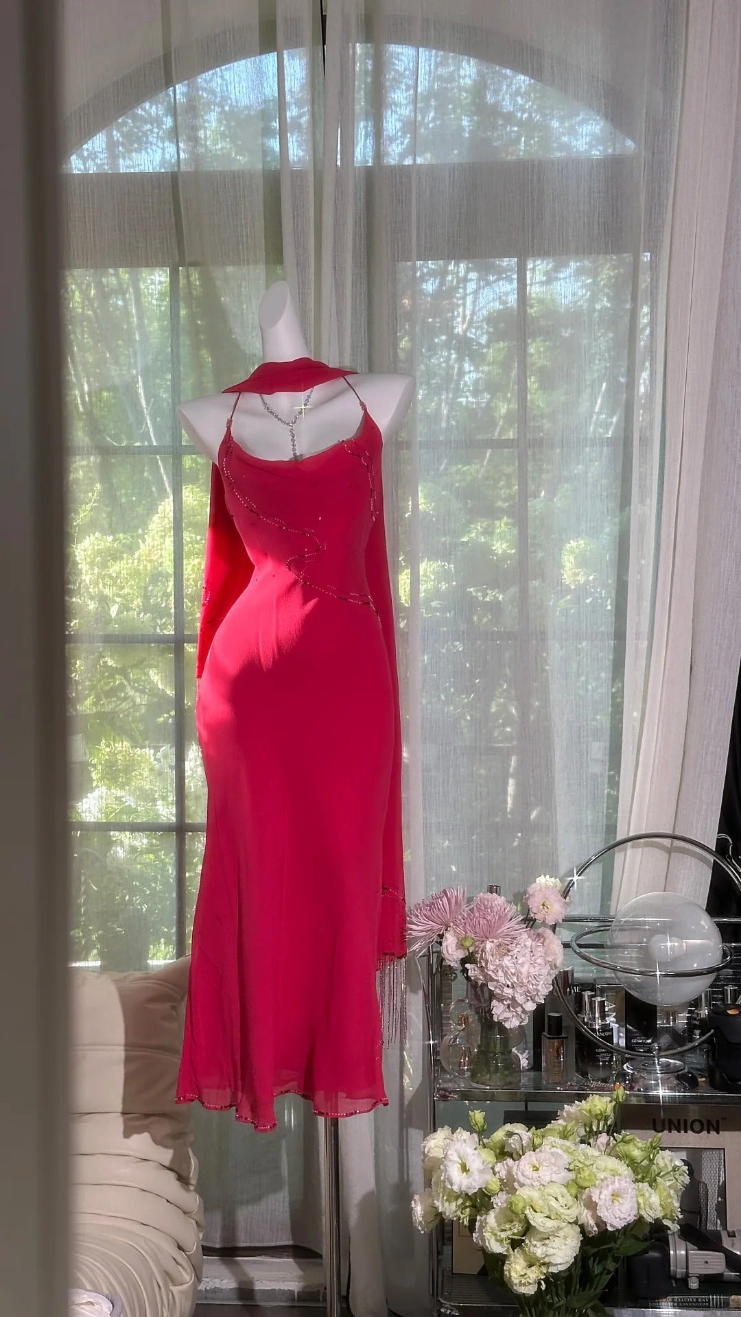Charmantes Robes de bal Sirène Bretelles fines Mousseline rouge Robes de soirée longueur thé N3548